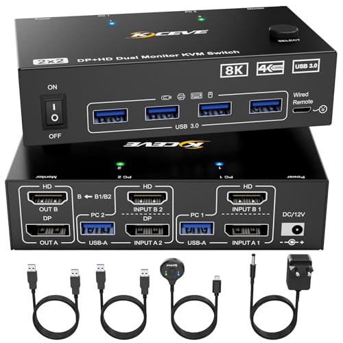 KVM Switch 2 PC 2 Monitore 8K, Displayport + HDMI USB 3.0 KVM Umschalter für zwei Monitore, Unterstützt 8K@60Hz, 4K@120Hz für 2 Computer, die Tastatur, Maus und Monitor teilen von NAWEN