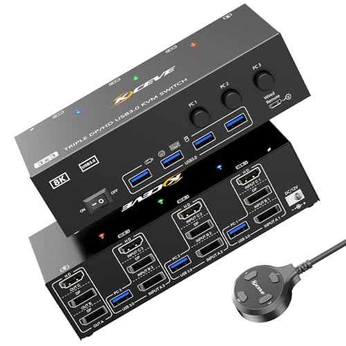KVM Switch 3 Monitore 3 PC, 4K@60 Displayport HDMI USB 3.0 KVM-Umschalter Dreifachanzeige mit 4 USB 3.0 Ports Tastatur und Desktop-Controller von NAWEN