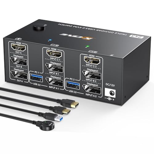 KCEVE KVM Switch 2 Computer 3 Monitore, USB 3.0 KVM Umschalter HDMI + DisplayPort, 8K@60Hz/4k@144Hz Dreifach Monitor KVM Switch für 2 Computer, 3 Displays, und 4 USB 3.0 Geräte von NAWEN