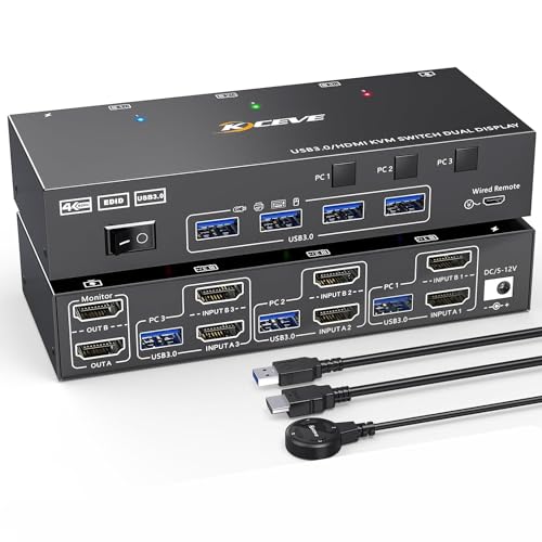 KVM Switch 3 Computer 2 Monitor, KCEVE 4K@60Hz Dual Monitor USB 3.0 HDMI KVM Umschalter mit EDID Emulator, unterstützt Kopieren und erweiterte Anzeige, für 3 Computer teilen sich 2 Displays KVM Switch 3 Computer 2 Monitor, KCEVE 4K@60Hz Dual Monitor USB 3.0 HDMI KVM Umschalter mit EDID Emulator, unterstützt Kopieren und erweiterte Anzeige, für 3 Computer teilen sich 2 Displays von NAWEN