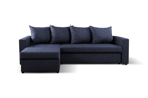 NAWSTOL - Ecksofa Oskar mit Schlaffunktion, Bonell-Federn, 2 Stauraumfächern, wendbar (Links/rechts), viele Farboptionen (Dunkelblau) von NAWSTOL