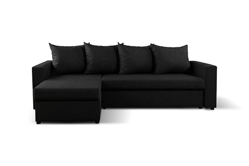 NAWSTOL - Ecksofa Oskar mit Schlaffunktion, Bonell-Federn, 2 Stauraumfächern, wendbar (Links/rechts), viele Farboptionen (Schwarz) von NAWSTOL