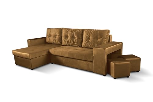 NAWSTOL - Leo Ecksofa mit Schlaffunktion und Bettkasten – Moderne Schlafcouch mit Federkern, wechselbare Ecke – Schlafsofa – Bequemes Sofa für Wohnzimmer (Gold) von NAWSTOL