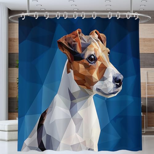 Jack Russell Terrier Duschvorhang Anti-schimmel Polyester Stoff Duschvorhänge 180 x 180 cm Geometrisch Design Duschvorhänge Set mit Haken Wasserdicht Badewanne Vorhang (Blau) von NAWVNMI