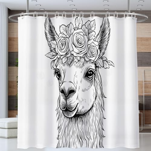 NAWVNMI Alpaka Blumen Duschvorhang 180 x 200 cm, Süß Cartoon Bad Waschbar Duschvorhänge Polyester Textil Wasserdicht Badevorhang für Badewanne mit 12 Haken (Grau) von NAWVNMI
