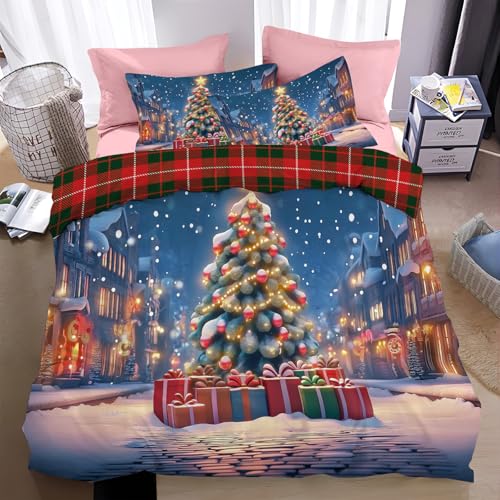 NAWVNMI Bettwäsche Weihnachtsbaum Bettbezug 140x200cm Mikrofaser 3-Teiliges Set, Weich Und Bequem, Pflegeleicht, Weihnachtsstraße, Mit Verdecktem Reißverschluss Und Kissenbezug von NAWVNMI