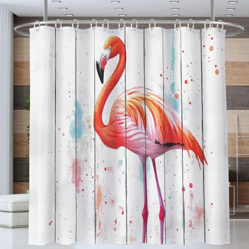 NAWVNMI Duschvorhang Aquarell Flamingo Holzbretter Textur Duschvorhänge 180 x 180 cm Anti-Schimmel Wasserdicht Polyester Stoff Waschbar Bad Vorhäng für Badzimmer Dekorvorhang mit 12 Haken, Rosa von NAWVNMI