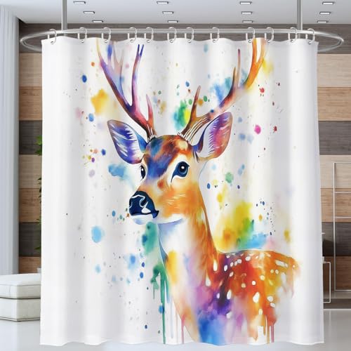 NAWVNMI Duschvorhang Aquarell Hirsch Farbspritzer Duschvorhänge 180 x 180 cm Anti-Schimmel Wasserdicht Polyester Stoff Waschbar Bad Vorhäng für Badzimmer Dekorvorhang mit 12 Haken, Bunt von NAWVNMI