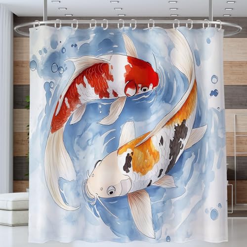 NAWVNMI Duschvorhang Aquarell Koi Wasserspritzer Wellen Duschvorhänge 180 x 180 cm Anti-Schimmel Wasserdicht Polyester Stoff Waschbar Bad Vorhäng für Badzimmer Dekorvorhang mit 12 Haken, Blau Rot von NAWVNMI