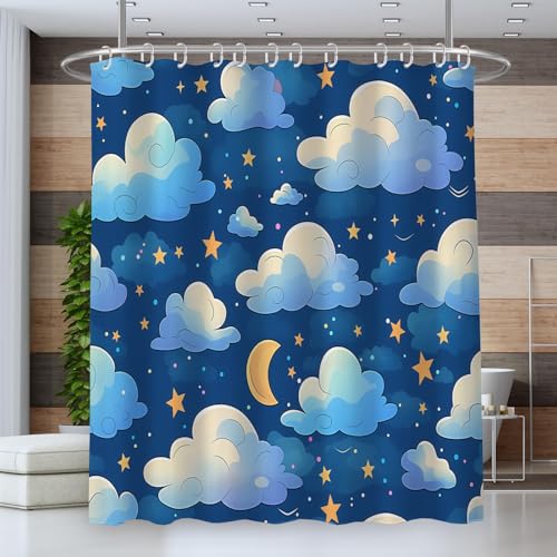 NAWVNMI Duschvorhang Cartoon Wolken Mond Sterne Duschvorhänge 180 x 180 cm Anti-Schimmel Wasserdicht Polyester Stoff Waschbar Bad Vorhäng für Badzimmer mit 12 Haken von NAWVNMI