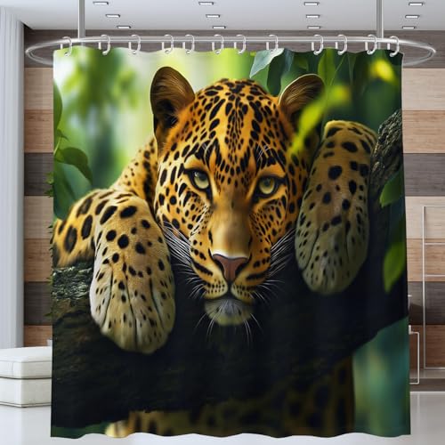 NAWVNMI Duschvorhang Leopard Zweig Wildtier Duschvorhänge 180 x 180 cm Anti-Schimmel Wasserdicht Polyester Stoff Waschbar Bad Vorhäng für Badzimmer Dekorvorhang mit 12 Haken, Braun Grün von NAWVNMI