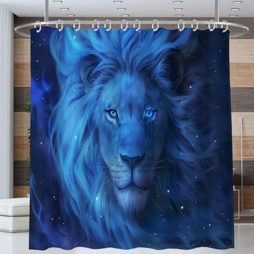 NAWVNMI Duschvorhang Löwe Mysterium Sternenhimmel Duschvorhänge 180 x 200 cm Anti-Schimmel Wasserdicht Polyester Stoff Waschbar Bad Vorhäng für Badzimmer Dekorvorhang mit 12 Haken, Dunkelblau von NAWVNMI