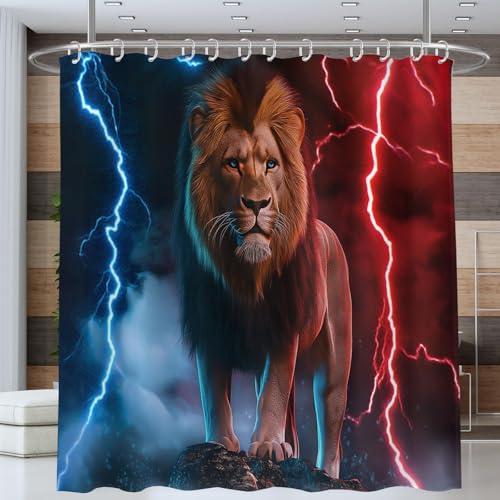 NAWVNMI Duschvorhang Löwe Stein Blitz Duschvorhänge 180 x 180 cm Anti-Schimmel Wasserdicht Polyester Stoff Waschbar Bad Vorhäng für Badzimmer Dekorvorhang mit 12 Haken, Blau Rot von NAWVNMI