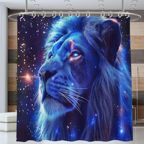 NAWVNMI Duschvorhang Löwe Sterne Weltraum Duschvorhänge 180 x 200 cm Anti-Schimmel Wasserdicht Polyester Stoff Waschbar Bad Vorhäng für Badzimmer Dekorvorhang mit 12 Haken, Blau von NAWVNMI