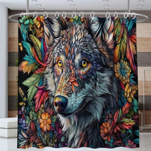 NAWVNMI Duschvorhang Psychedelisch Wolfsportrait Blumen Blätter Duschvorhänge 180 x 180 cm Anti-Schimmel Wasserdicht Polyester Stoff Waschbar Bad Vorhäng für Badzimmer Dekorvorhang mit 12 Haken, Bunt von NAWVNMI