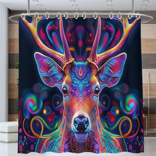 NAWVNMI Duschvorhang Schön Hirsch Surreal Psychedelisch Duschvorhänge 180 x 180 cm Anti-Schimmel Wasserdicht Polyester Stoff Waschbar Bad Vorhäng für Badzimmer Dekorvorhang mit 12 Haken, Bunt von NAWVNMI