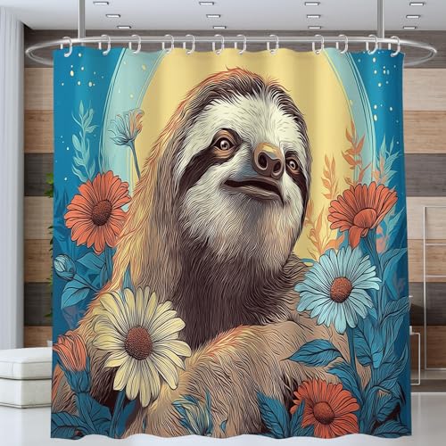 NAWVNMI Duschvorhang Süß Faultier Blumen Duschvorhänge 180 x 200 cm Anti-Schimmel Wasserdicht Polyester Stoff Waschbar Bad Vorhäng für Badzimmer Dekorvorhang mit 12 Haken, Blau von NAWVNMI