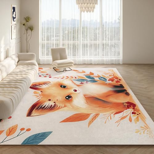 NAWVNMI Fuchs Muster Kinder Mädchen Jungen Teppich Schlafzimmer Dekorativ Kinderzimmer,Matten Krabbelmatte Modern Weichem Flanell Kinderteppiche Waschbar (Blatt Fuchs,60 x 90 cm) von NAWVNMI