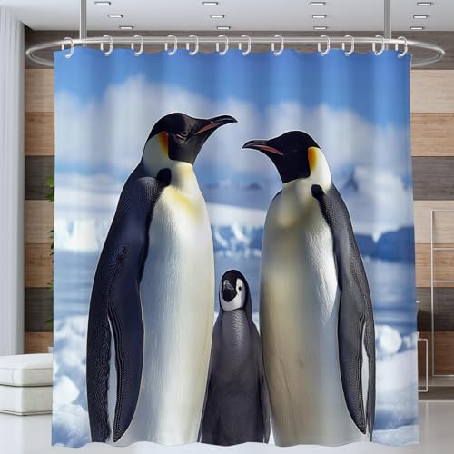 NAWVNMI Kaiserpinguine Duschvorhang Anti-schimmel Polyester Stoff Duschvorhänge 180 x 180 cm Gletscher Duschvorhänge Set mit Haken Wasserdicht Badewanne Vorhang (Blau) von NAWVNMI