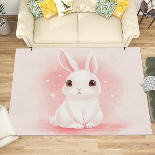 NAWVNMI Kurzflor Kinderteppich für Jungen und Mädchen 60 x 90 cm Kaninchen - Hase Rosa - Waschbarer Teppich Extra Weich und Antiallergen - Teppich Kinderzimmer, Babyzimmer und Spielzimmer von NAWVNMI