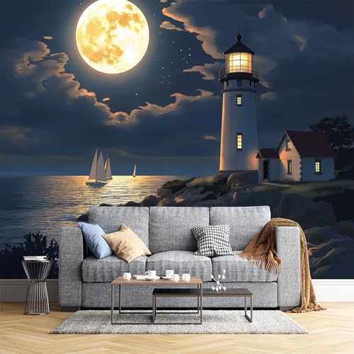 NAWVNMI Leuchtturm Tapete für Kinderzimmer, Abziehbare und Aufklebbare Tapete, Heller Mond Leuchtturm, Selbstklebendes Entfernbares Wandbild für Wände (200x140cm), Wandaufkleber für Schlafzimmer von NAWVNMI