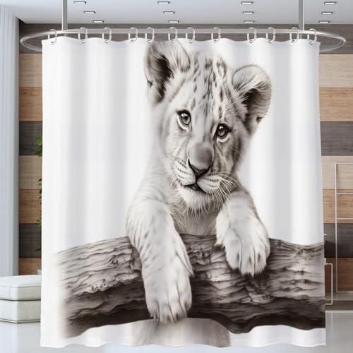NAWVNMI Löwe AST Duschvorhang Anti-schimmel Polyester Stoff Duschvorhänge 180 x 200 cm Bleistiftzeichnung Duschvorhänge Set mit Haken Wasserdicht Badewanne Vorhang (Grau) von NAWVNMI