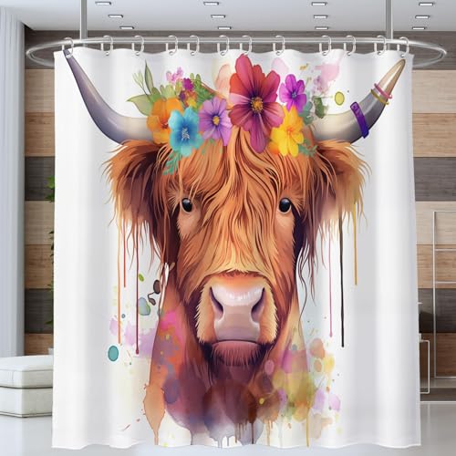 NAWVNMI Niedlich Hochlandkuh Duschvorhang 180 x 200 cm, Aquarell Spritzer Bad Waschbar Duschvorhänge Polyester Textil Wasserdicht Badevorhang für Badewanne mit 12 Haken (Braun) von NAWVNMI