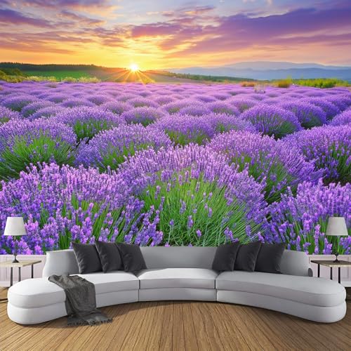 NAWVNMI Peel And Stick Wallpaper Blumenfeld-Lila Lavendel Selbstklebender Wandaufkleber Bild Art Decor Gemälde 300x210cm Wohnzimmer Schlafzimmer Wandsticker Home Dekor Selbstklebend von NAWVNMI
