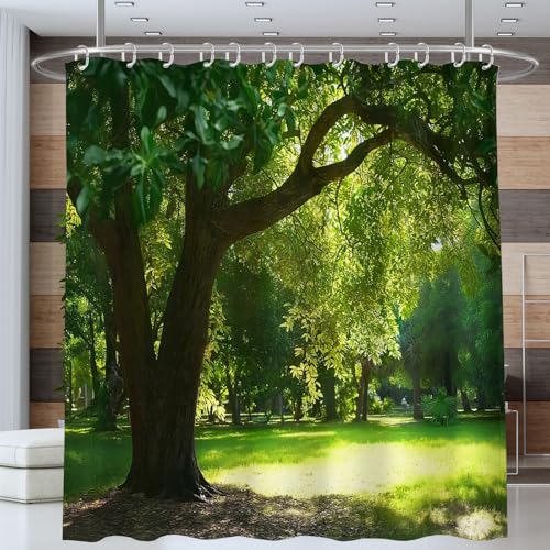 NAWVNMI Ruhe Park Duschvorhang 240 x 200 cm, Sonnenlicht Blätter Bad Waschbar Duschvorhänge Polyester Textil Wasserdicht Badevorhang für Badewanne mit 12 Haken (Grün) von NAWVNMI