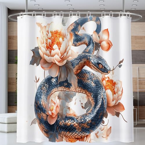 NAWVNMI Schlange Lotus Duschvorhang Anti-schimmel Polyester Stoff Duschvorhänge 180 x 180 cm Fantasie Tier Duschvorhänge Set mit Haken Wasserdicht Badewanne Vorhang (Blau Orange) von NAWVNMI