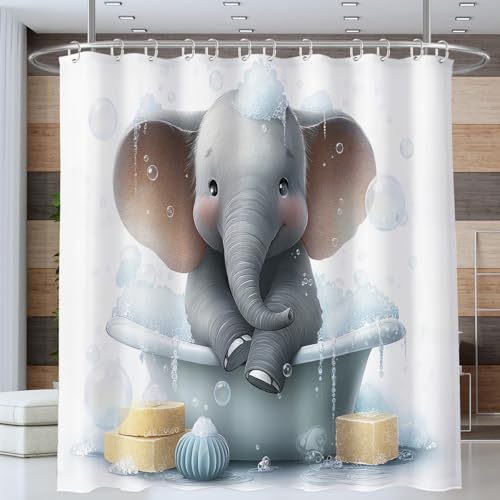 NAWVNMI Süß Elefant Duschvorhang Anti-schimmel Polyester Stoff Duschvorhänge 180 x 180 cm Seife Seifenblasen Duschvorhänge Set mit Haken Wasserdicht Badewanne Vorhang (Blau Grau) von NAWVNMI