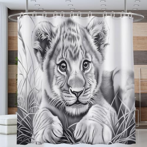 NAWVNMI Süßer Kleiner Löwe Duschvorhang Anti-schimmel Polyester Stoff Duschvorhänge 240 x 200 cm Gras Duschvorhänge Set mit Haken Wasserdicht Badewanne Vorhang (Grau) von NAWVNMI