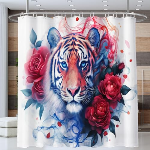 NAWVNMI Tiger Rose Duschvorhang Anti-schimmel Polyester Stoff Duschvorhänge 180 x 200 cm Spin Smoke Duschvorhänge Set mit Haken Wasserdicht Badewanne Vorhang (Blau Rot) von NAWVNMI