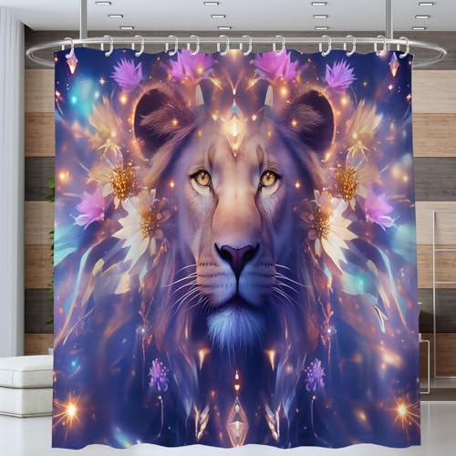 NAWVNMI Universum Löwe Duschvorhang Anti-schimmel Polyester Stoff Duschvorhänge 180 x 180 cm Blume Kristall Duschvorhänge Set mit Haken Wasserdicht Badewanne Vorhang (Lila) von NAWVNMI