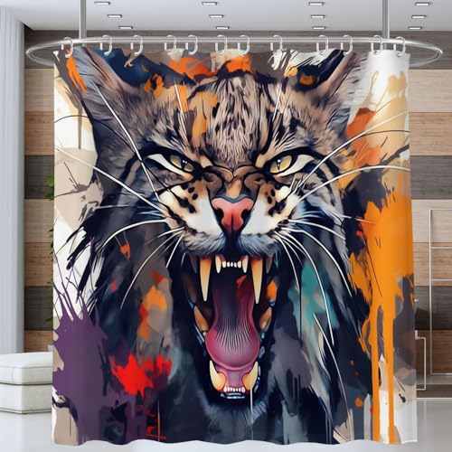 NAWVNMI Wild Wildkatze Duschvorhang Anti-schimmel Polyester Stoff Duschvorhänge 180 x 200 cm Abstrakt Graffiti Duschvorhänge Set mit Haken Wasserdicht Badewanne Vorhang (Bunt) von NAWVNMI