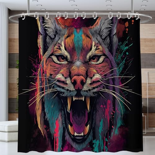 NAWVNMI Wildkatze Duschvorhang 180 x 200 cm, Graffiti Tiere Bad Waschbar Duschvorhänge Polyester Textil Wasserdicht Badevorhang für Badewanne mit 12 Haken (Bunt) von NAWVNMI