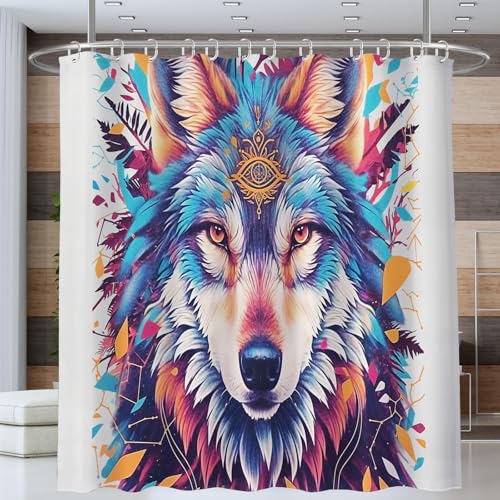 NAWVNMI Wolfsgesicht Duschvorhang 180 x 200 cm, Heilige Psychedelische Kunst Bad Waschbar Duschvorhänge Polyester Textil Wasserdicht Badevorhang für Badewanne mit 12 Haken (Bunt) von NAWVNMI