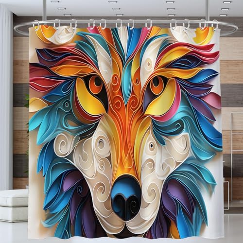 NAWVNMI Wolfsgesicht Duschvorhang Anti-schimmel Polyester Stoff Duschvorhänge 240 x 200 cm Papierskulptur Duschvorhänge Set mit Haken Wasserdicht Badewanne Vorhang (Bunt) von NAWVNMI