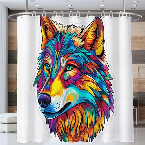 NAWVNMI Wolfskopf Duschvorhang Anti-schimmel Polyester Stoff Duschvorhänge 180 x 200 cm Tiere Clipart Duschvorhänge Set mit Haken Wasserdicht Badewanne Vorhang (Bunt) von NAWVNMI