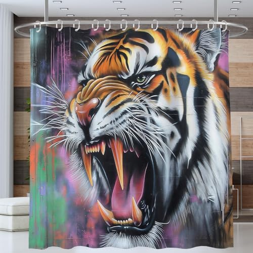 NAWVNMI Wütend Tiger Duschvorhang 180 x 200 cm, Graffiti Sprühfarbe Bad Waschbar Duschvorhänge Polyester Textil Wasserdicht Badevorhang für Badewanne mit 12 Haken (Bunt) von NAWVNMI
