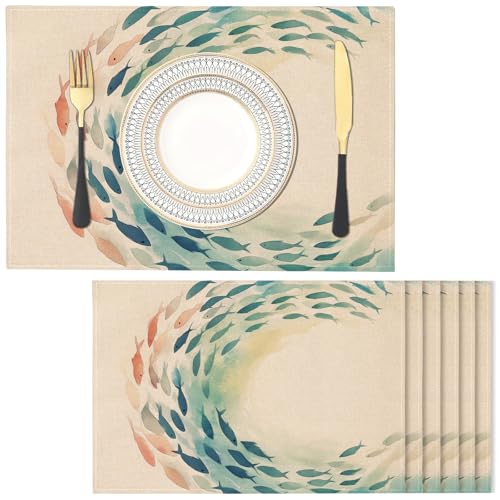 Platzsets Tischsets Bunte Fische 6er Set, Baumwolle & Leinen Tischuntersetzer, 45x30cm Gradient Platzsets Abwaschbar für Restaurant Café Zuhause von NAWVNMI