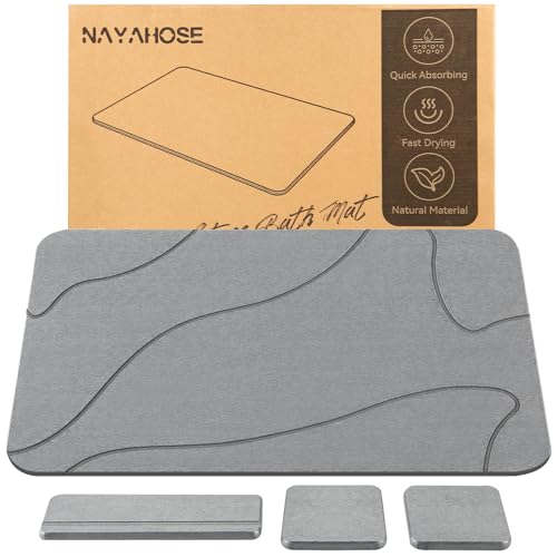 NAYAHOSE Badematte Stein Set, Diatomite Stone Bath Mat, Super Saugfähig Duschvorleger Badvorleger Schnell Trocknend Natürlich Kieselgur Bodenmatte, Badezimmer Waschbecken Organizer von NAYAHOSE