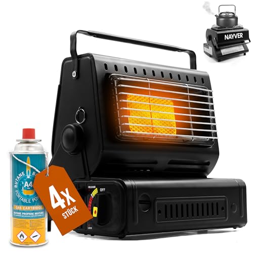 Campingheizung 1300 Watt, 2 in1 - Gasheizung & Campingkocher/Gaskartusche, Zeltheizung, Heizstrahler mit MSF-1a Winterkartuschen (Gasheizung + 4 Gaskartuschen (Butan)) von NAYVER
