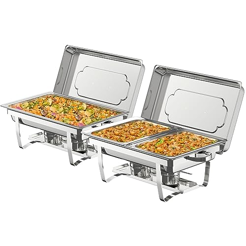 NArra 2er Pack Chafing Dish Buffet Set,9L Chafing Dish Speisewärmer aus Edelstahl,Catering-Serviergestell mit faltbarem Rahmen,Speisepfanne in voller und halber Größe mit Zangen für Hochzeiten,Partys von NArra