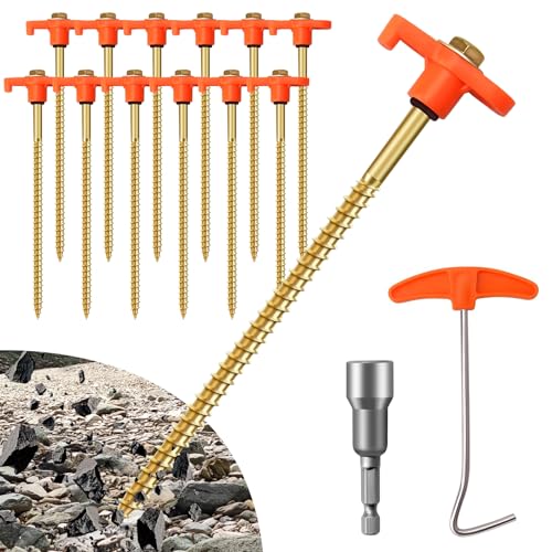 Zeltheringe aus Metall, strapazierfähig, Metall-Heringe mit Gewinde, inklusive Bohrer-Adapter und Nagelabzieher, Bodenanker für Camping-Heringe, strapazierfähig, für harten Boden, Camping, mit T-Griff von NBBENG