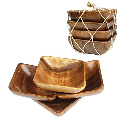Handgefertigte Teller aus Akazienholz, geschnitzt, Set mit 4 Schalen, Größe 10,2 cm (quadratisch) von NBM