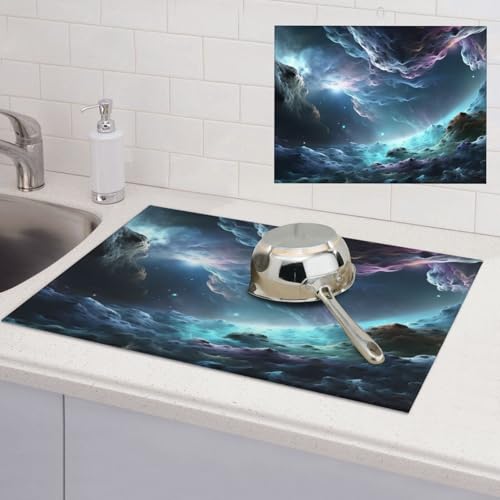 3D Graphics Universum Space Abtropfmatte, super saugfähig, Mikrofaser, Abtropfunterlage für Küchentheke, großes Geschirr, leicht zu reinigen, Mehrzweck-Abtropfmatte, 61 x 45 cm von NBSKSDLK