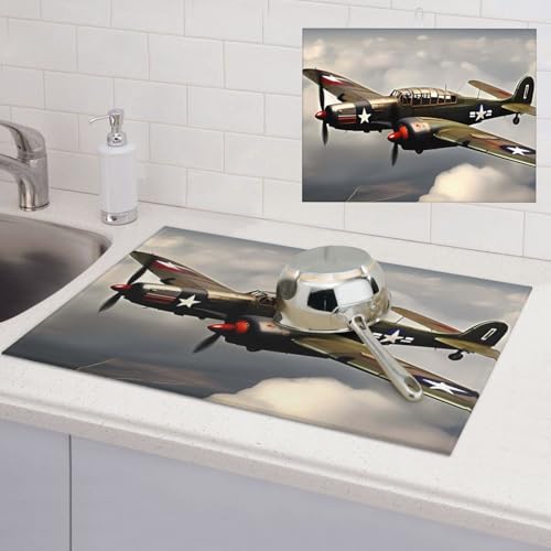 Abtropfmatte aus dem 2. Weltkrieg, Flugzeug, super saugfähig, Mikrofaser, Abtropfmatte für Küchentheke, großes Geschirr, leicht zu reinigen, Mehrzweck-Abtropfmatte, 61 x 45,7 cm von NBSKSDLK
