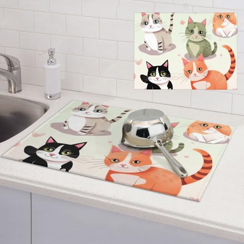 Abtropfmatte mit Cartoon-Katzen-Motiv, super saugfähig, Mikrofaser, Abtropfmatte für Küchentheke, großes Geschirr, leicht zu reinigen, Mehrzweck-Abtropfmatte, 61 x 45 cm von NBSKSDLK