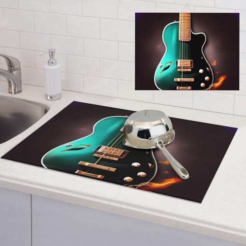 Abtropfmatte mit Gitarren-Motiv, super saugfähig, Mikrofaser, für Küchentheke, großes Geschirr, leicht zu reinigen, Mehrzweck-Abtropfmatte, 61 x 45,7 cm, Musikgrün von NBSKSDLK